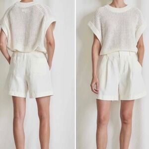 Apiece Apart Francoise Pleated Midi Shorts in Cream Ivory Linen Cotton - 4